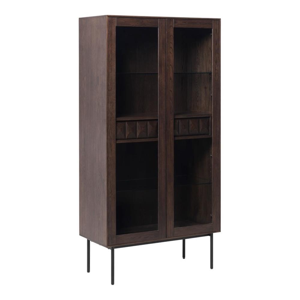 Modern 73-inch Tall Glass Display Cabinet with Drawers - Espresso Oak