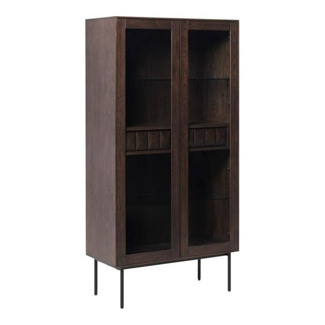 Modern 73-inch Tall Glass Display Cabinet with Drawers - Espresso Oak