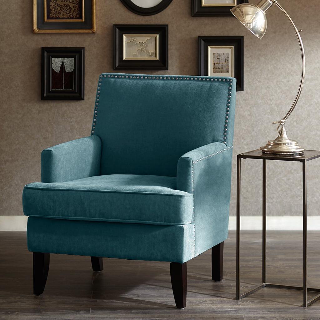 Blue Velvet Accent Chair with Wooden Legs