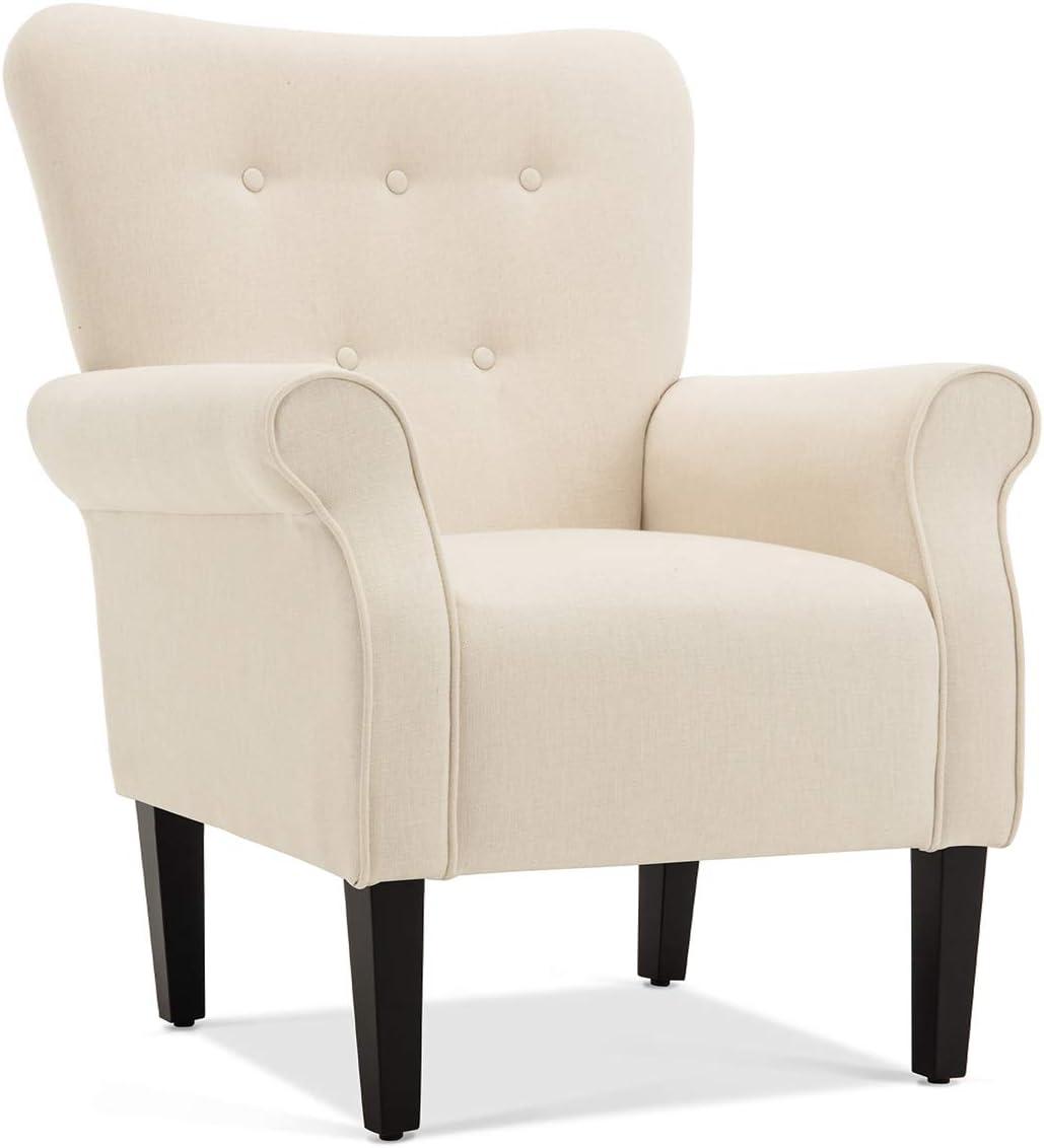 Elegant Cream Tufted Back Wood Accent Chair with Arm Rest