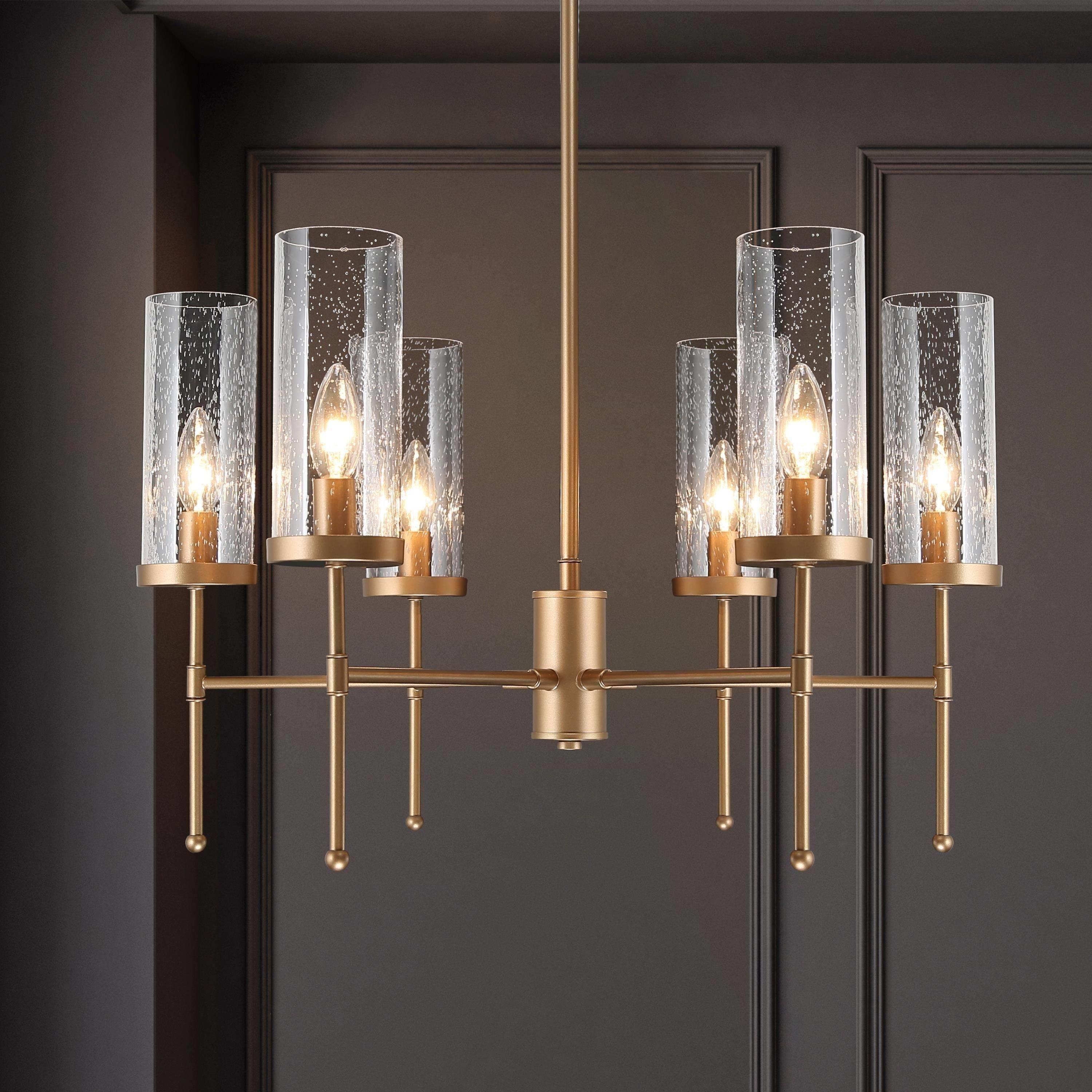 Gold 6-Light Glass Chandelier with Seeded Shades