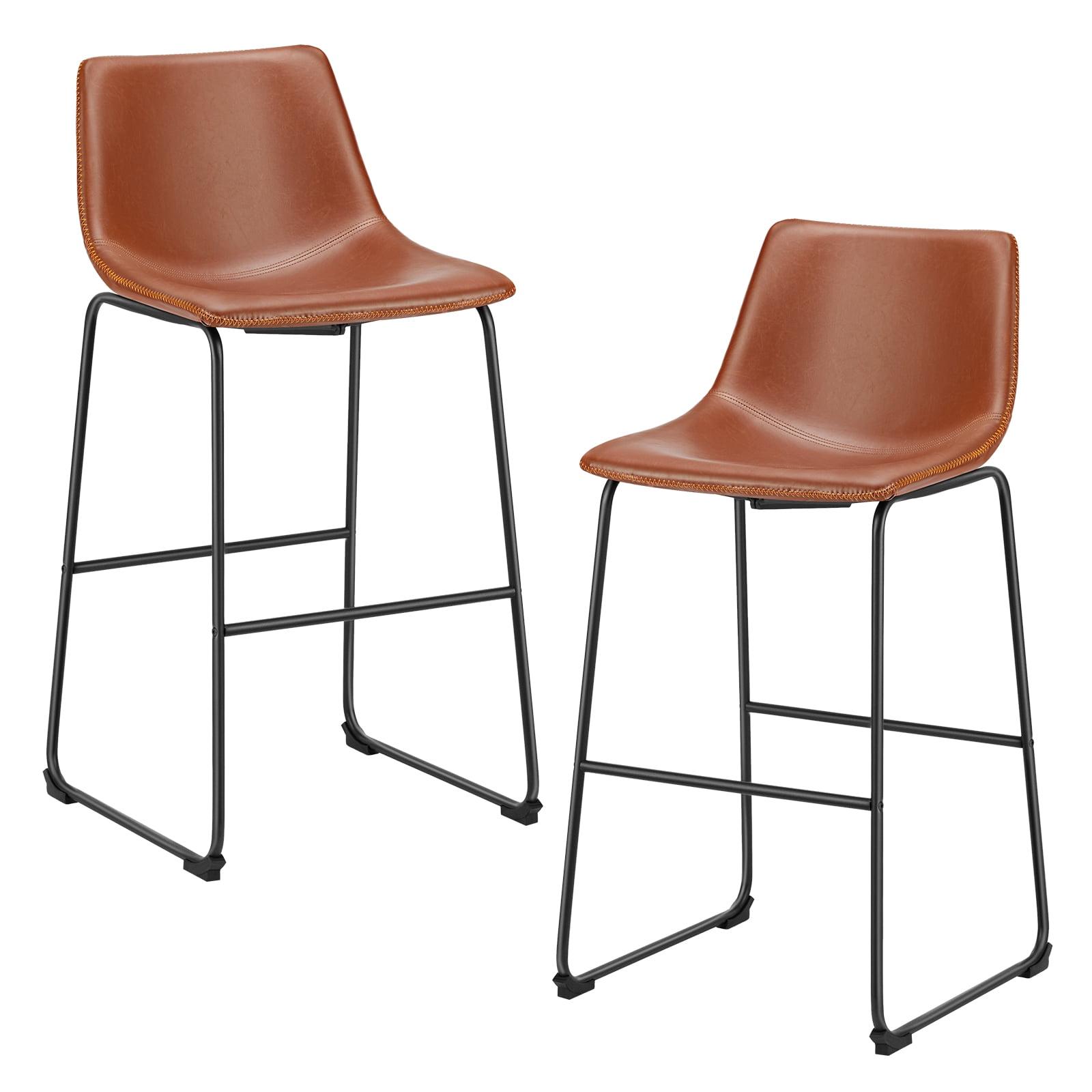 30" Brown Faux Leather Low Back Bar Stools with Metal Frame, Set of 2