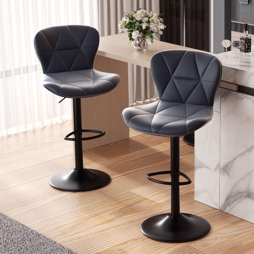 Modern Bar Stools Set of 2, Adjustable Faux Leather Upholstered Swivel Counter Stools, Dark Grey