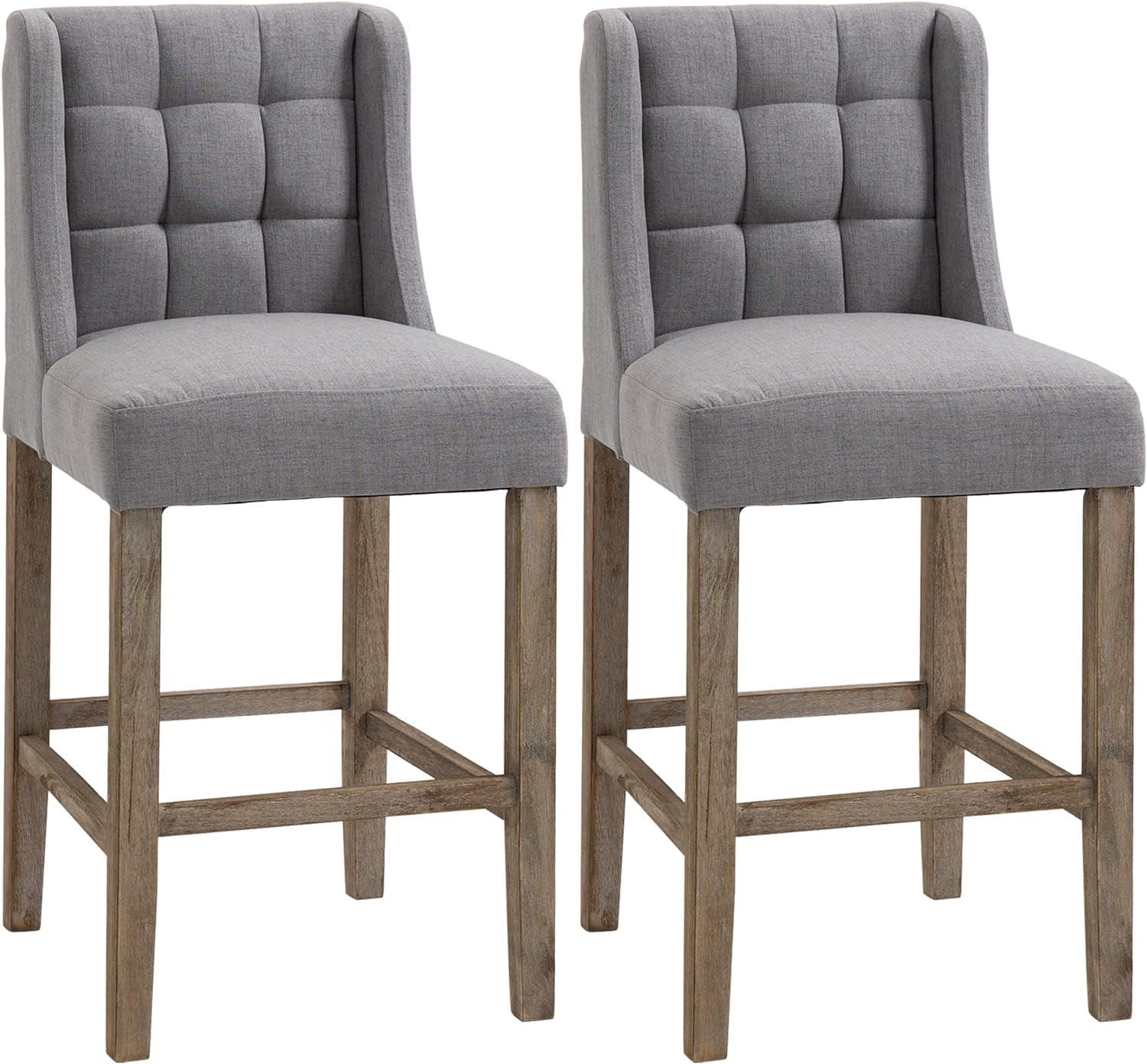 Gray Tufted Upholstered Bar Stools with Rubber Wood Legs, Set of 2