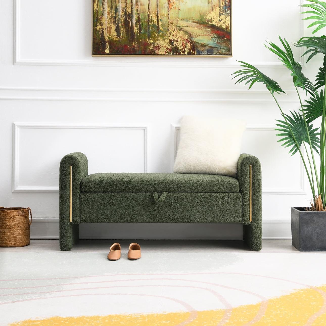 Olive Green Upholstered Modern Bed End Bench with Storage