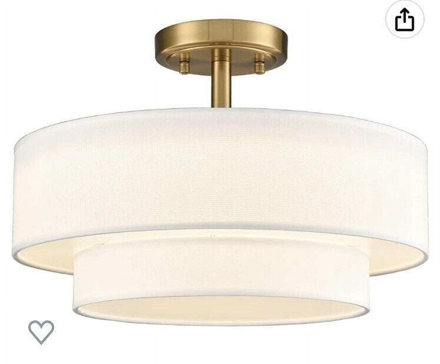 Claxy 15" Gold Semi Flush Mount LED Ceiling Light with Dual-Layer Drum Linen Shade