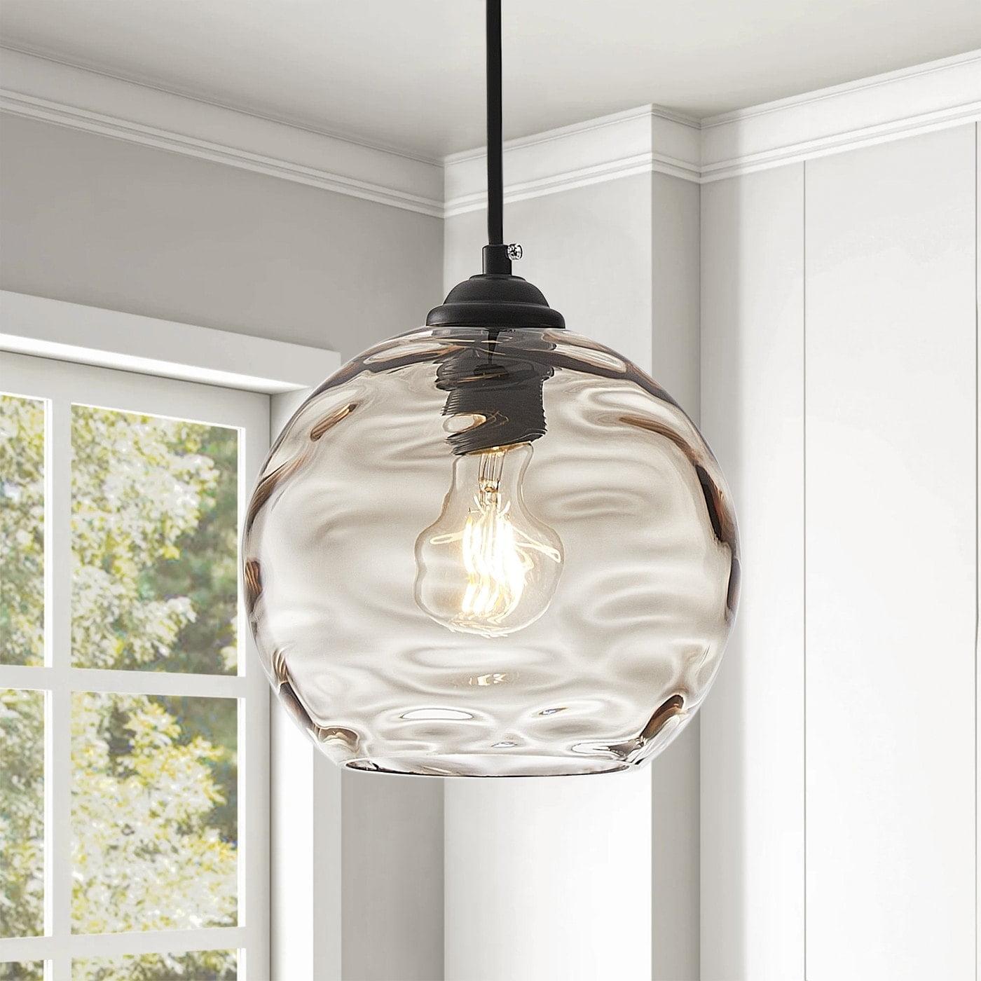 Modern Black 1-Light Clear Water Ripple Glass Shade Hanging Lamp