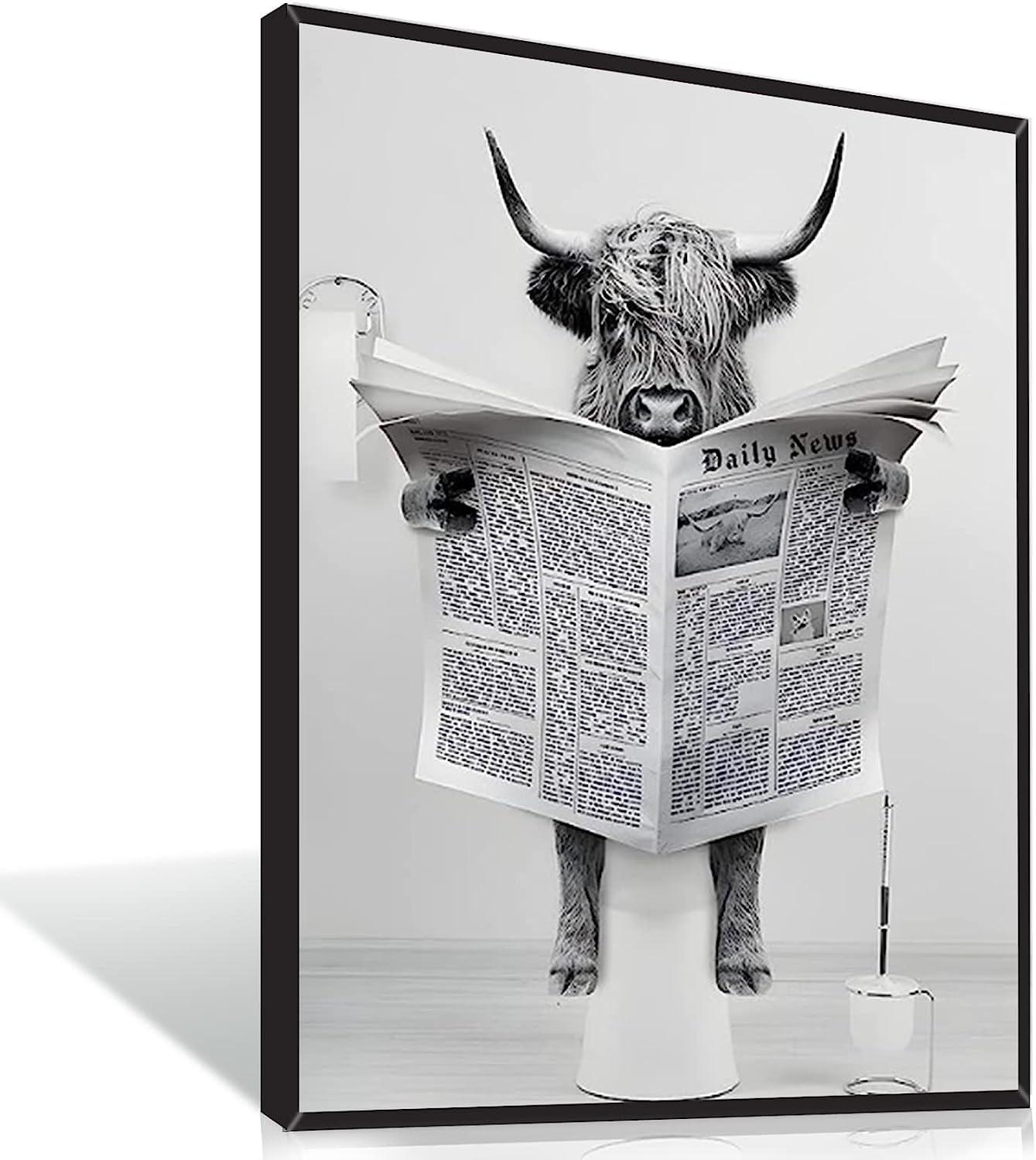 Modern Black Framed Highland Cow Wall Art Minimalist Bathroom Wall Decor Cute Funny Animals Artwork Canvas Prints Ready to Hang for Guest Bathroom, Hotel, Condo, Kids Bathroom, 12”x16”