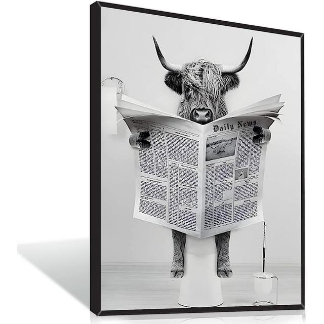 Modern Black Framed Highland Cow Wall Art Minimalist Bathroom Wall Decor Cute Funny Animals Artwork Canvas Prints Ready to Hang for Guest Bathroom, Hotel, Condo, Kids Bathroom, 12”x16”