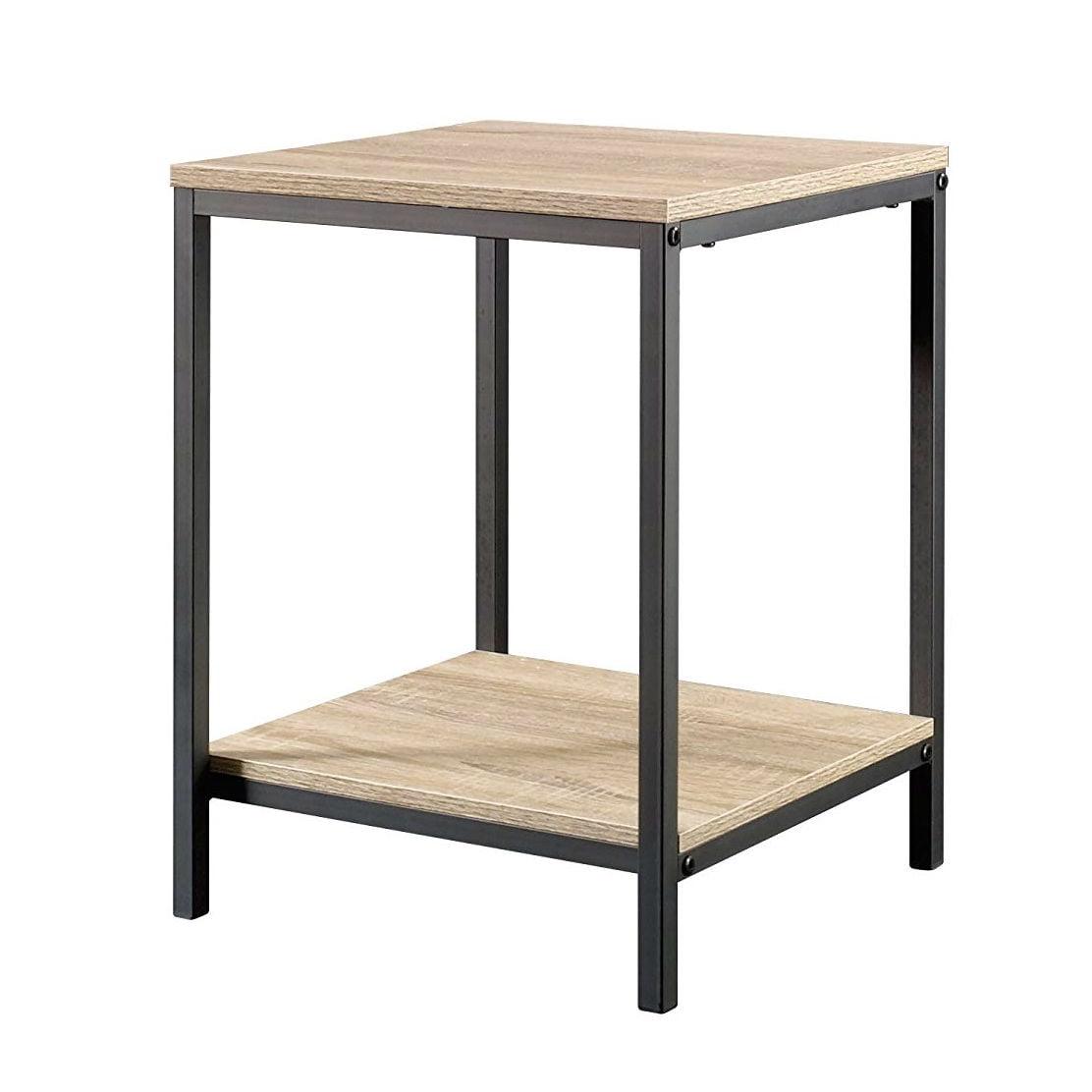 Charter Oak and Black Metal Rectangular Side Table with Shelf