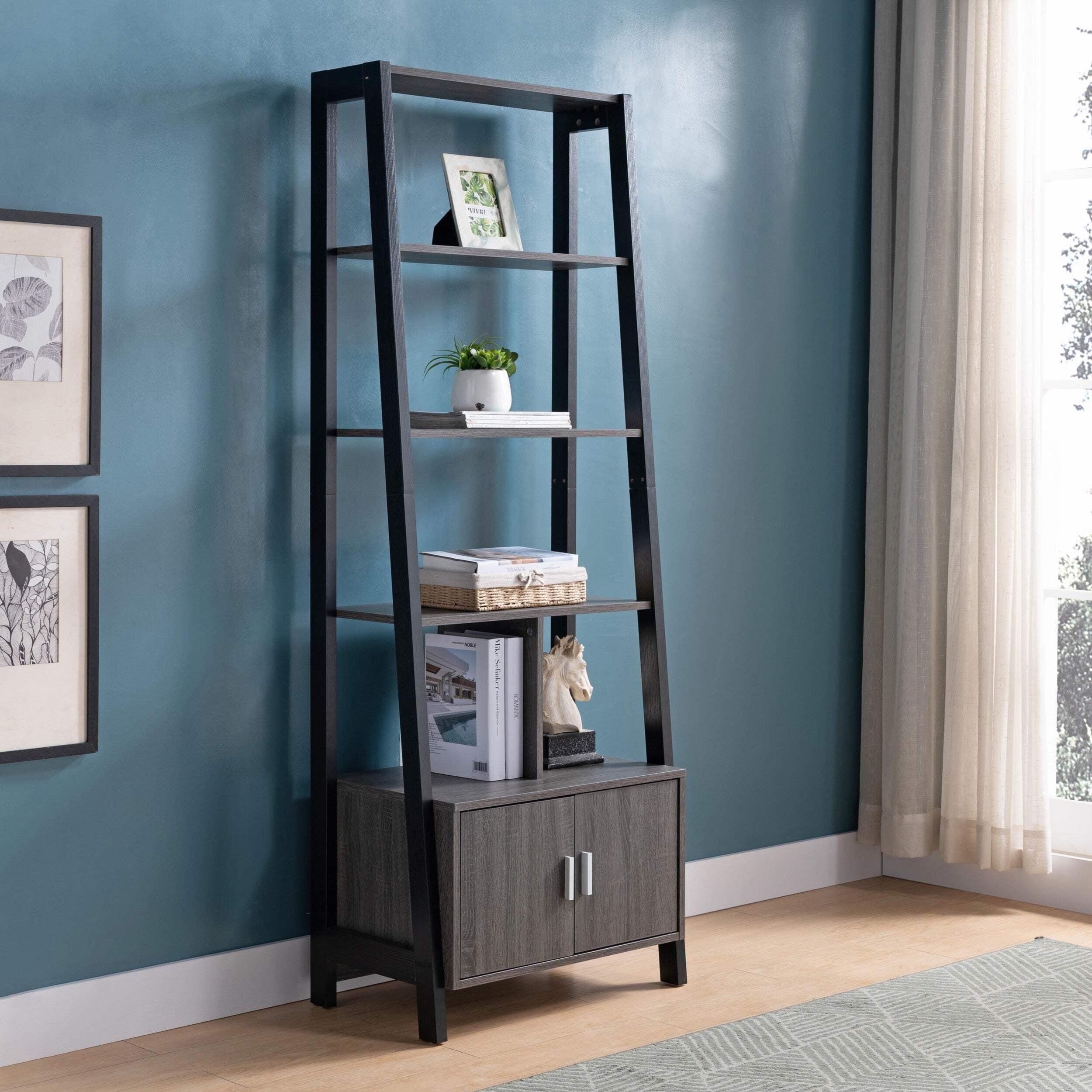 Gray and Black Ladder Bookcase with Cabinet