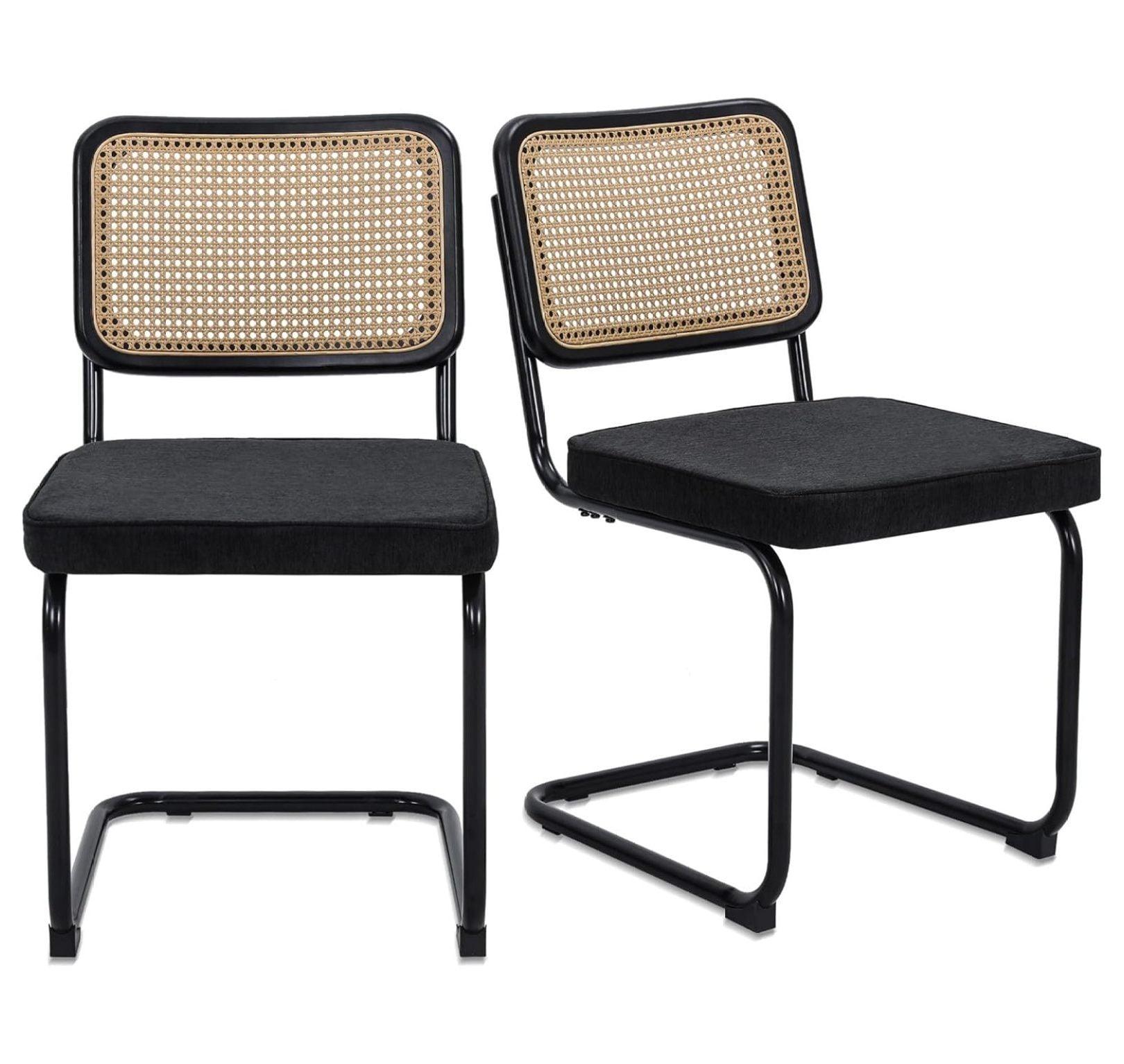 Black Rattan and Velvet Armless Dining Chairs, Set of 2