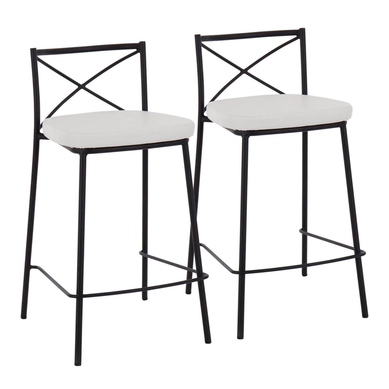 Modern Charlotte 25" Contemporary Fixed-Height Counter Stool In Black Metal And White Faux Leather - Set Of 2