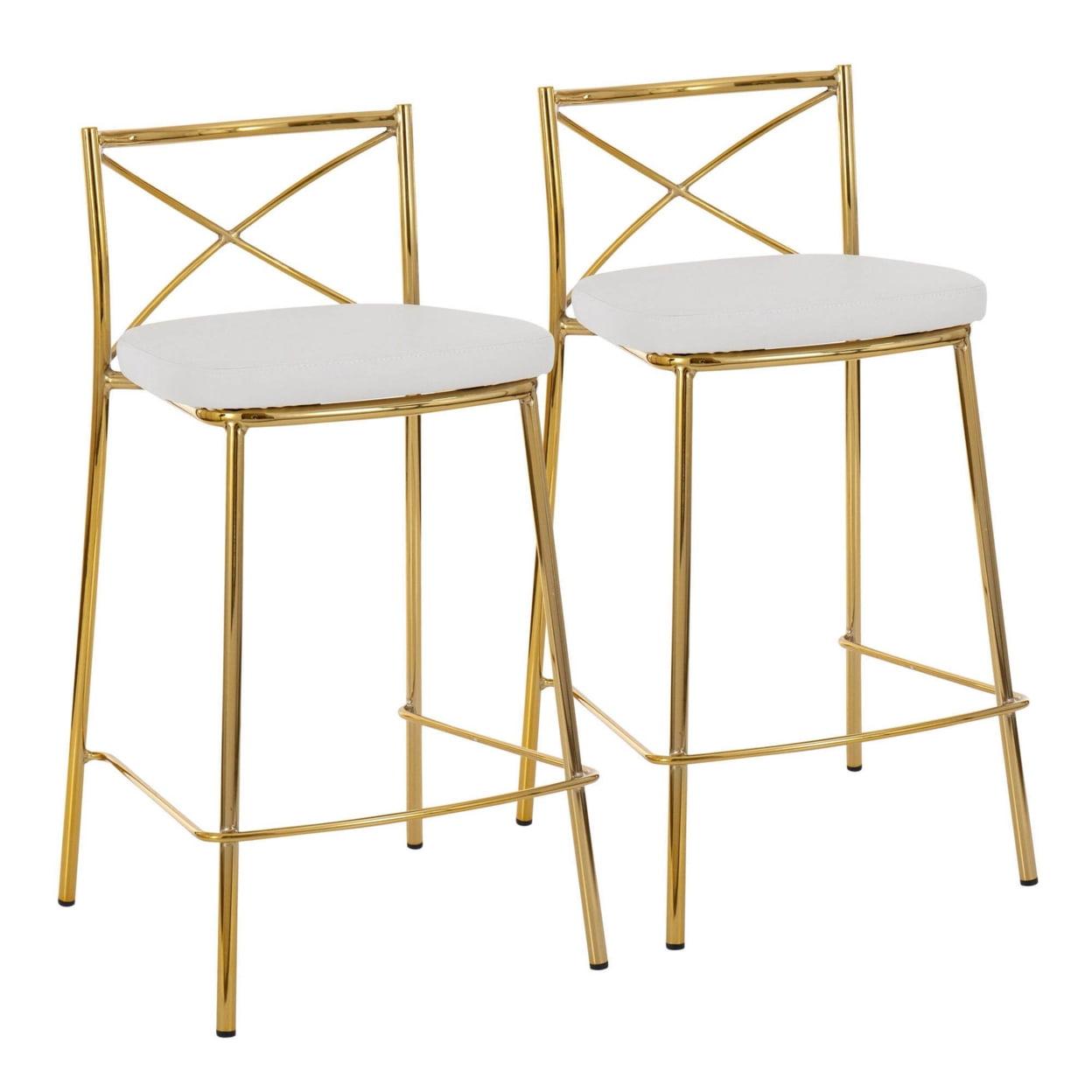 Charlotte 25" Gold Metal and White Faux Leather Counter Stool Set