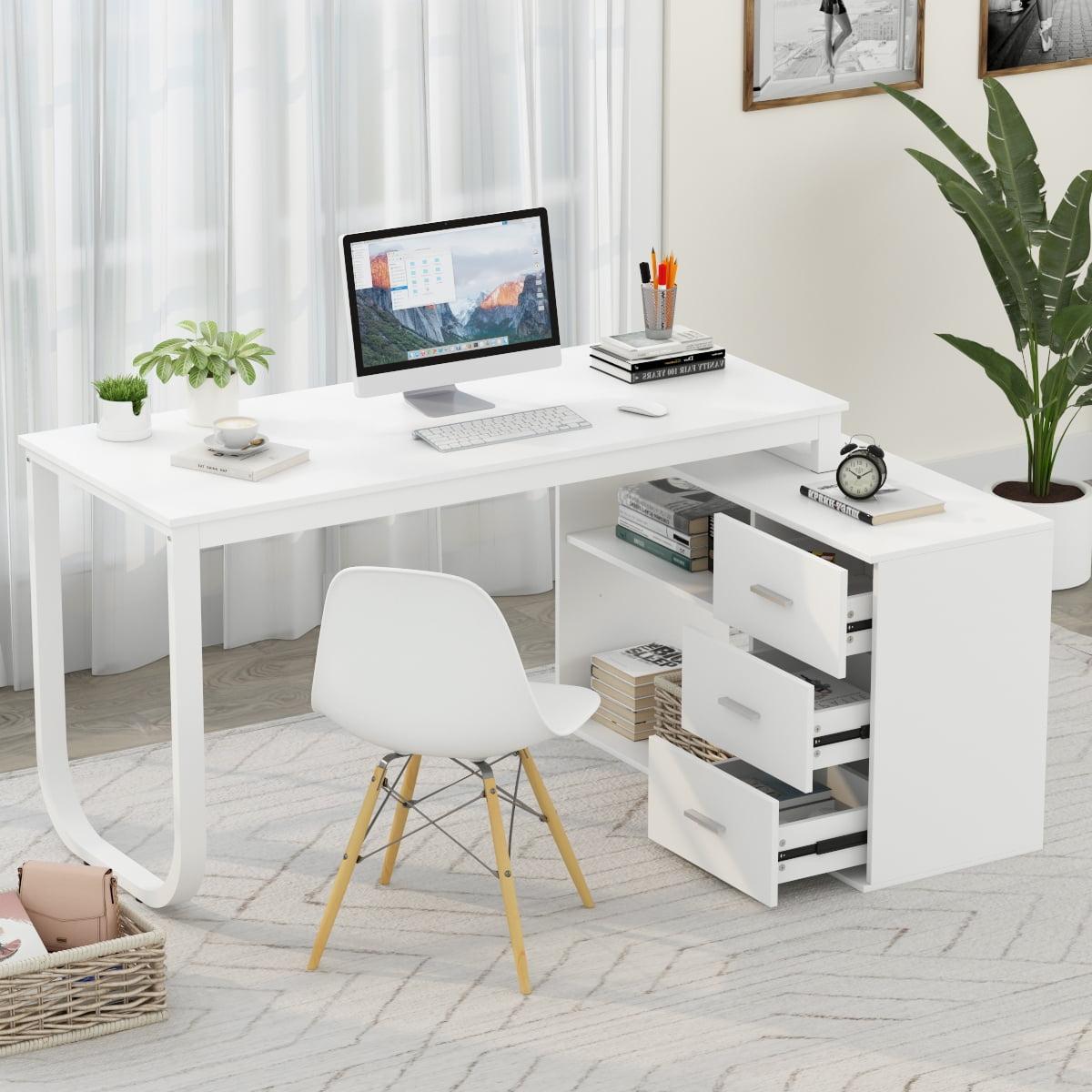 AIEGLE L Shpaed Desk with 3 Drawers and Shelves Desk with Hutch for Home Office White