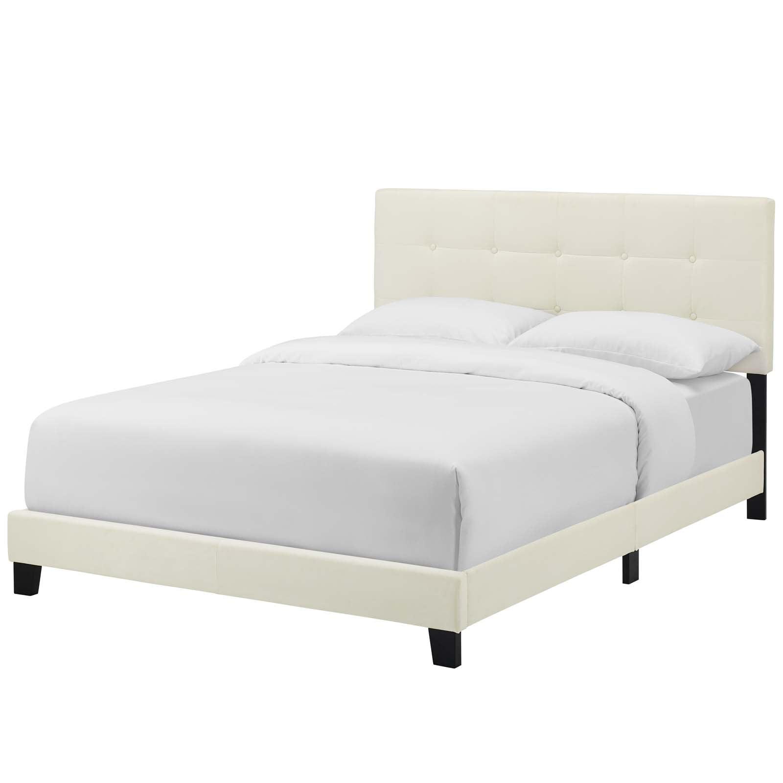 Elegant Ivory Full Platform Bed with Tufted Velvet Upholstery