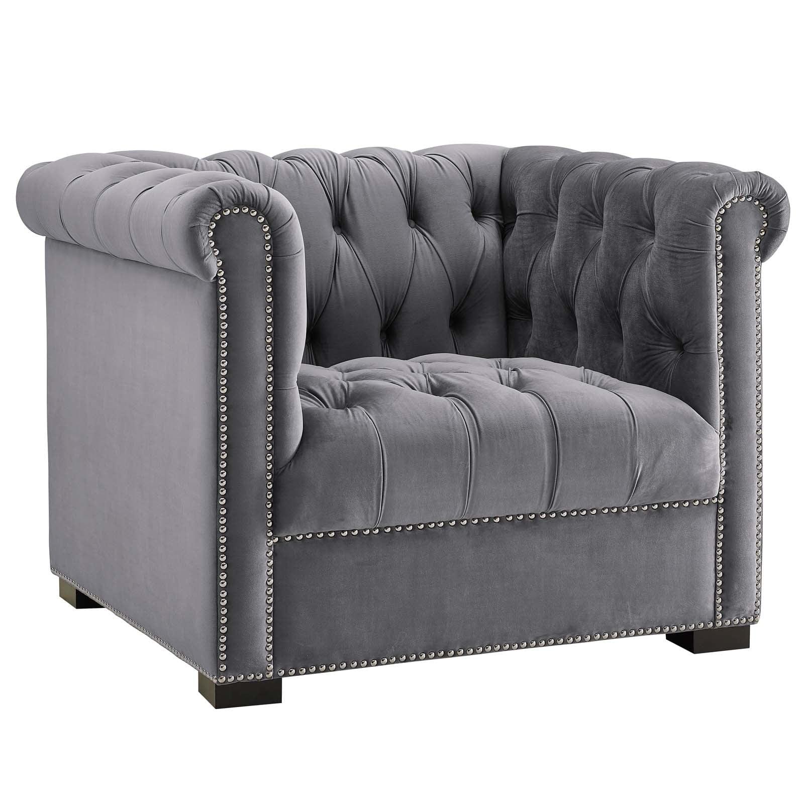 Gray Velvet Chesterfield Accent Chair with Black Birch Wood Legs