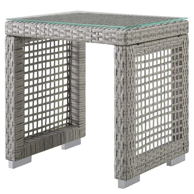 Modway Aura Outdoor Side Table – Gray Wicker Rattan Patio Table with Glass Top and Modern Profile