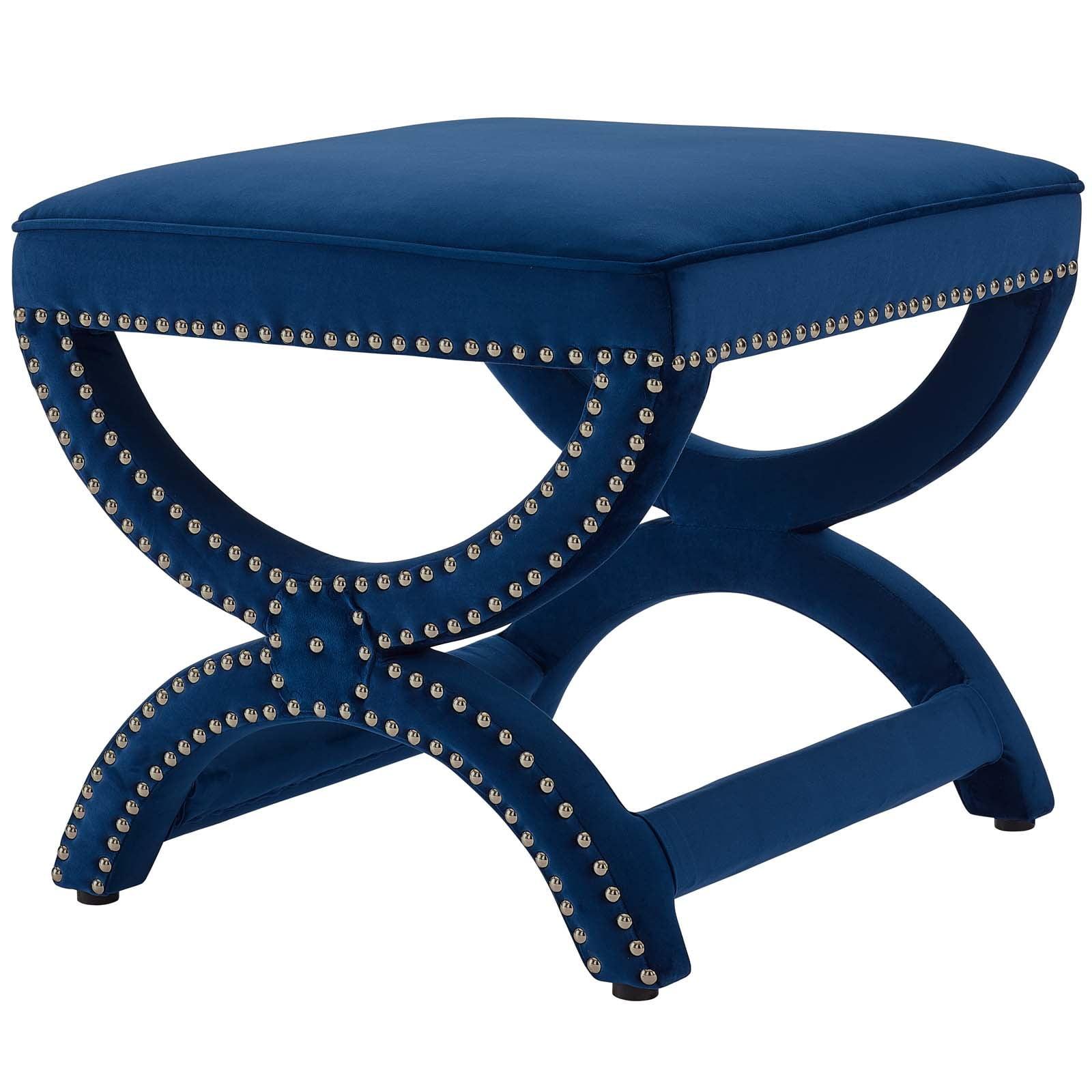 Navy Blue Tufted Velvet Footstool with Nailhead Trim