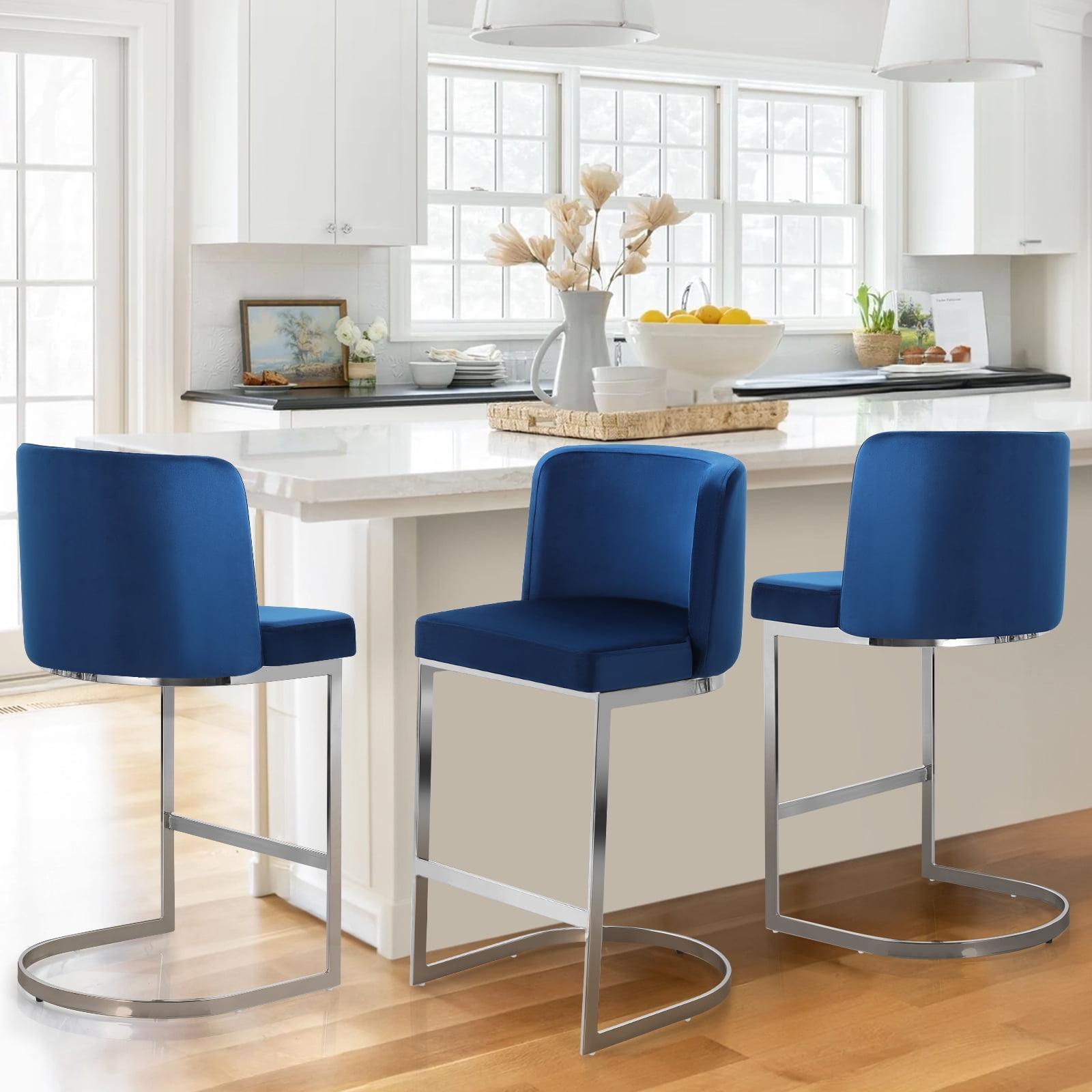 Velvet Blue 26" Counter Height Bar Stools with Metal Frame, Set of 3