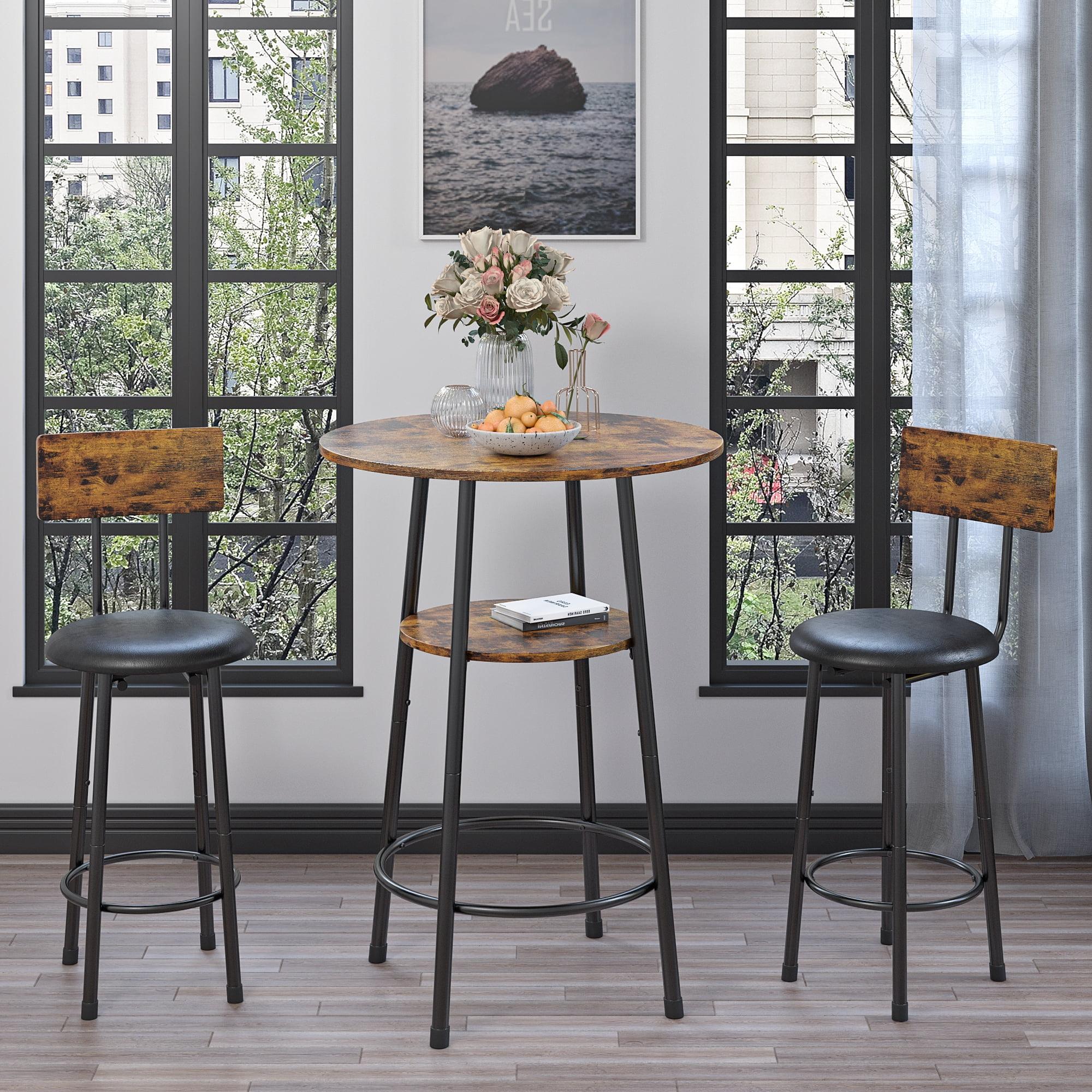 Modern Bar Table Set, Kitchen Table and Chairs for 2, 3 Piece Counter Height Dining Set with 2 Cushioned Stools, Round Bistro Pub Table Set, Breakfast Dining Table Set, Rustic Brown