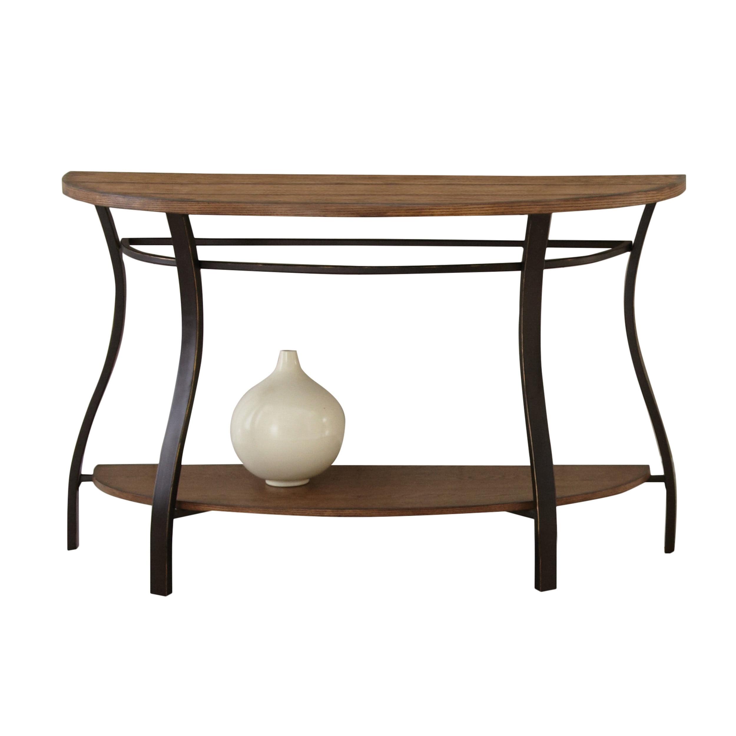 Industrial Brown Wood and Metal Demilune Sofa Table with Storage