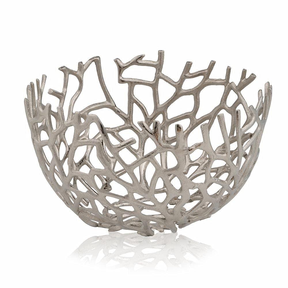 Modern Day Accents Twigs Round, Silver, Bowl, Holds Fruits, Keys, Phones, Accessories, Fillers, & Spheres, Branches, Tabletop, Accent, Modern, Aluminum, 14.5" x 14.5" x 8.5"