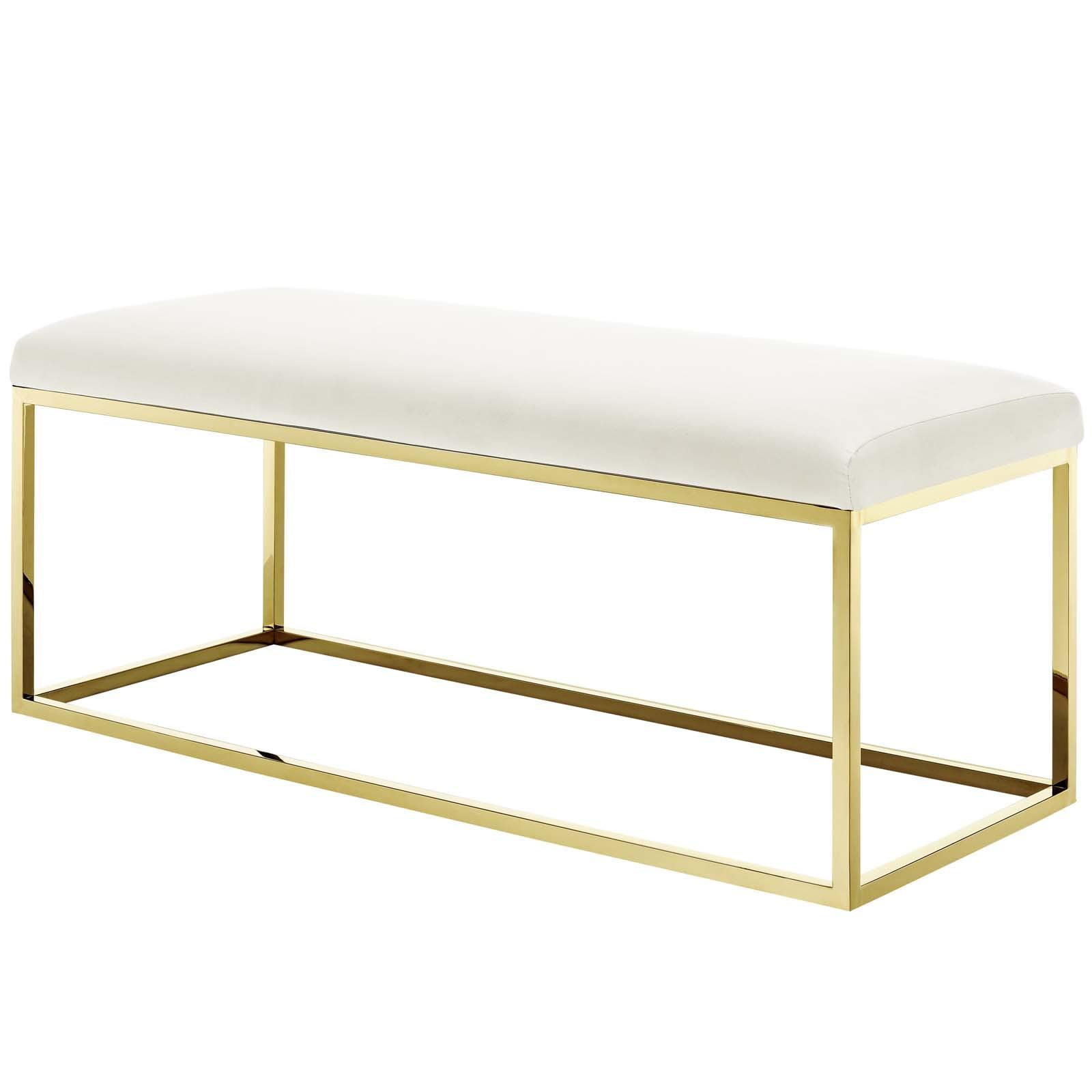 Modern Deco Contemporary Urban Design Living Room Lounge Club Lobby Accent Chair Bench, Velvet Fabric Metal Steel, Gold Ivory