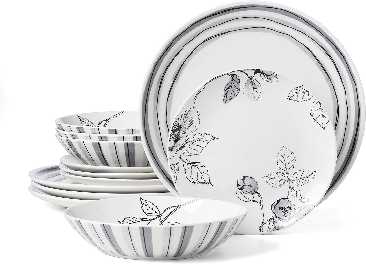 Gray and White Floral Porcelain 12-Piece Dinnerware Set