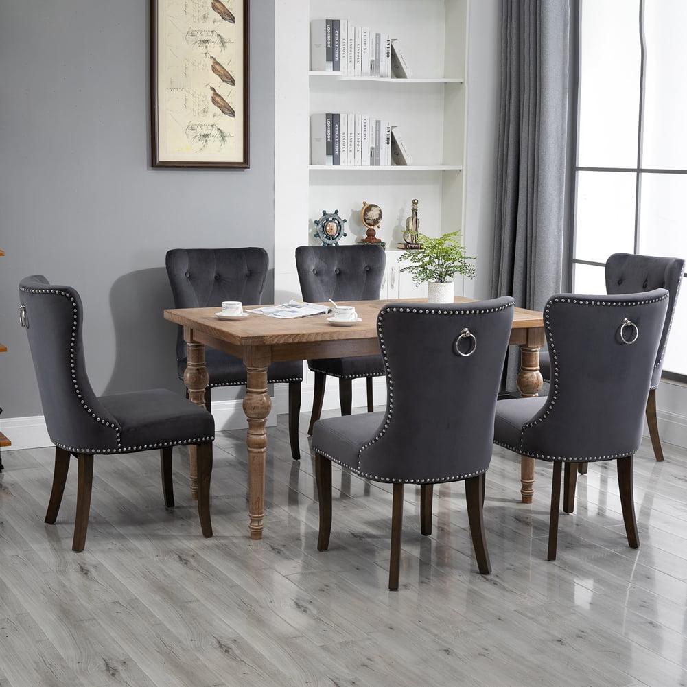 Set of 6 Dark Gray Velvet Tufted Dining Chairs with Wood Legs