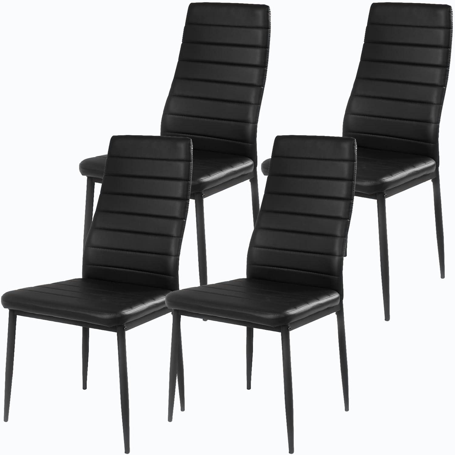 Modern Dining Chairs Set of 4, Mid Century Dining Chair w/Metal Legs, High Back and Leather, Upholstered Kitchen & Dining Room Chairs, Black