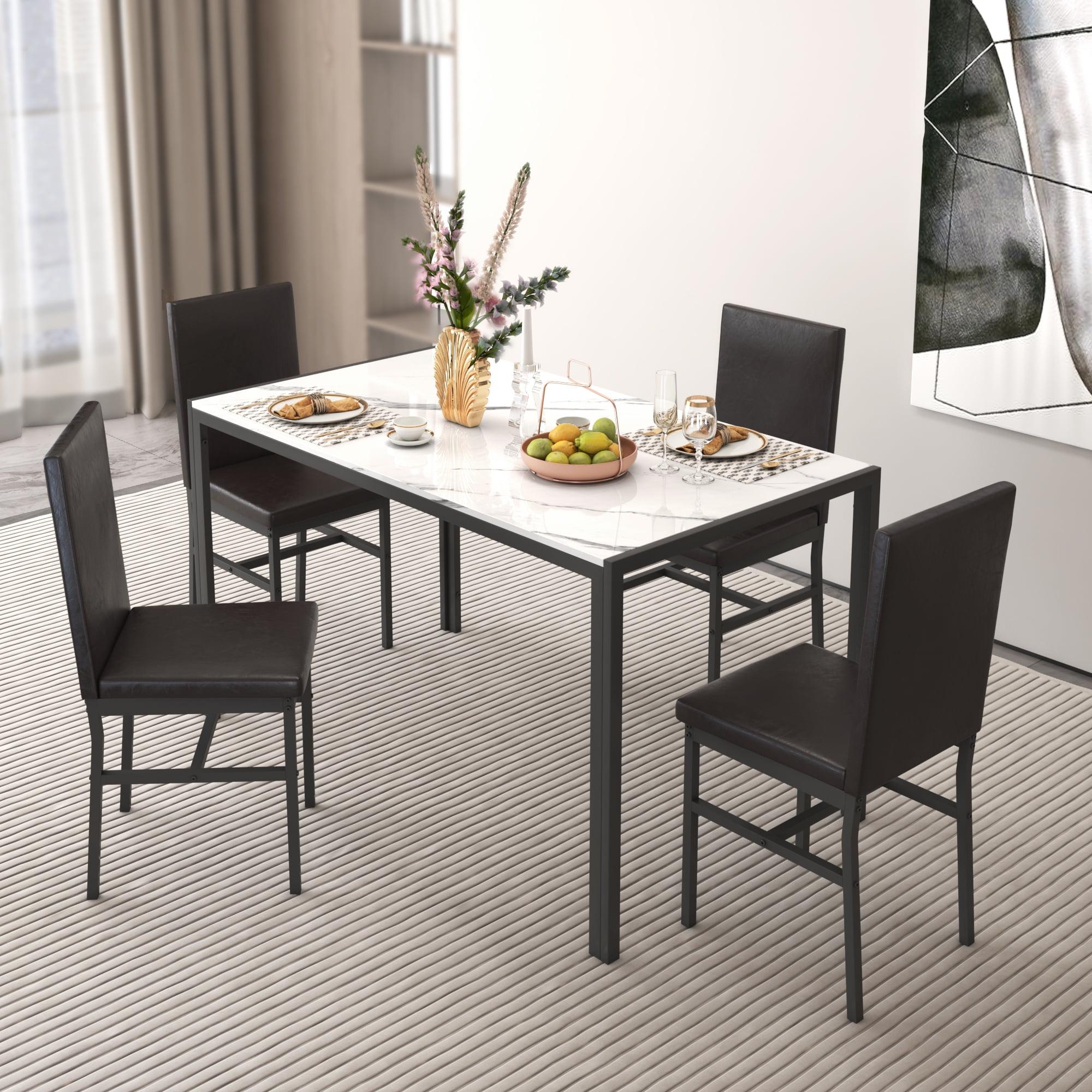 5 Piece Dining Set, Modern Dining Table and Chairs Set for 4, Kitchen Dining Table Set with Faux Marble Tabletop and 4 PU Leather Upholstered Chairs, for Small Space, Breakfast Nook, D8835