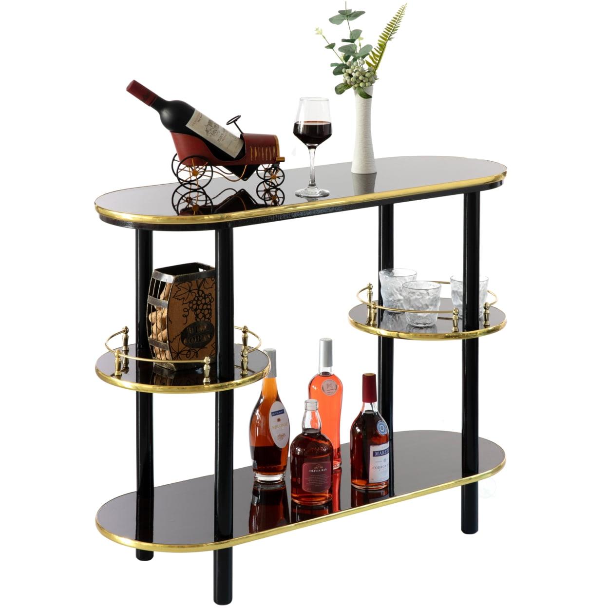 Sleek Brown Wooden Console Bar with Tiered Shelving and Wine Storage