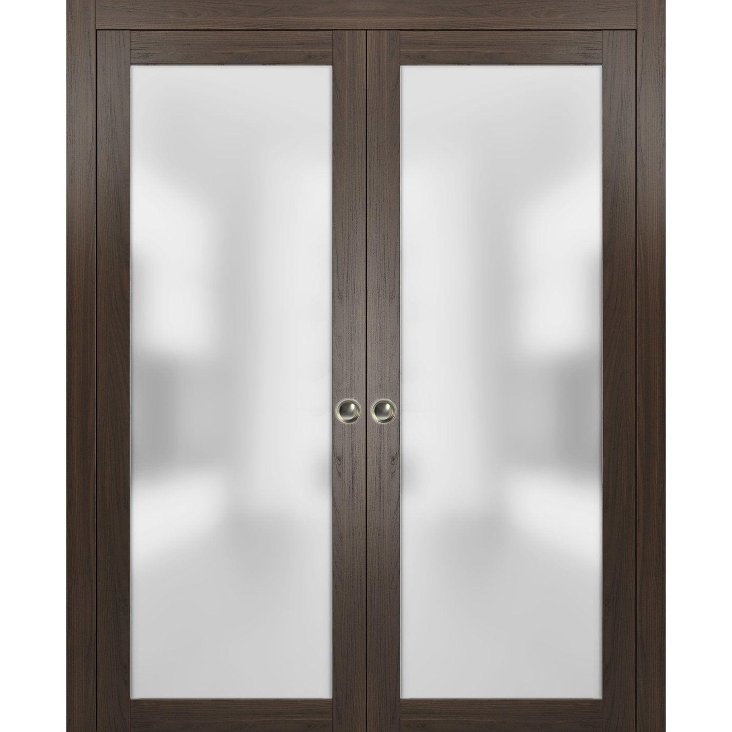 Modern Dark Brown Double Pocket Doors with Frosted Glass