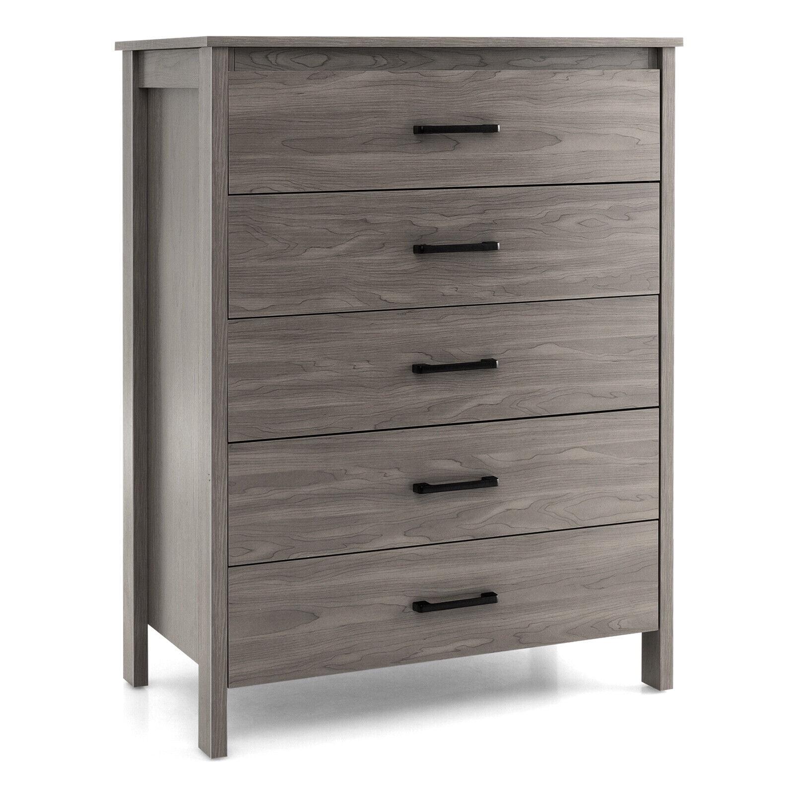 Costway Modern 5 Drawer Chest Storage Dresser Cabinet with Metal Handles Grey Oak