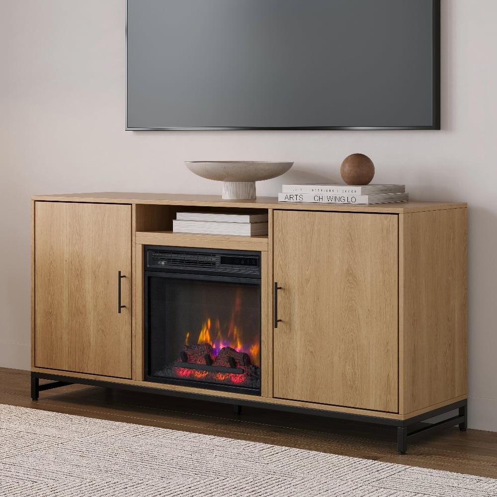 Modern White Oak TV Stand with Electric Fireplace and Cabinets