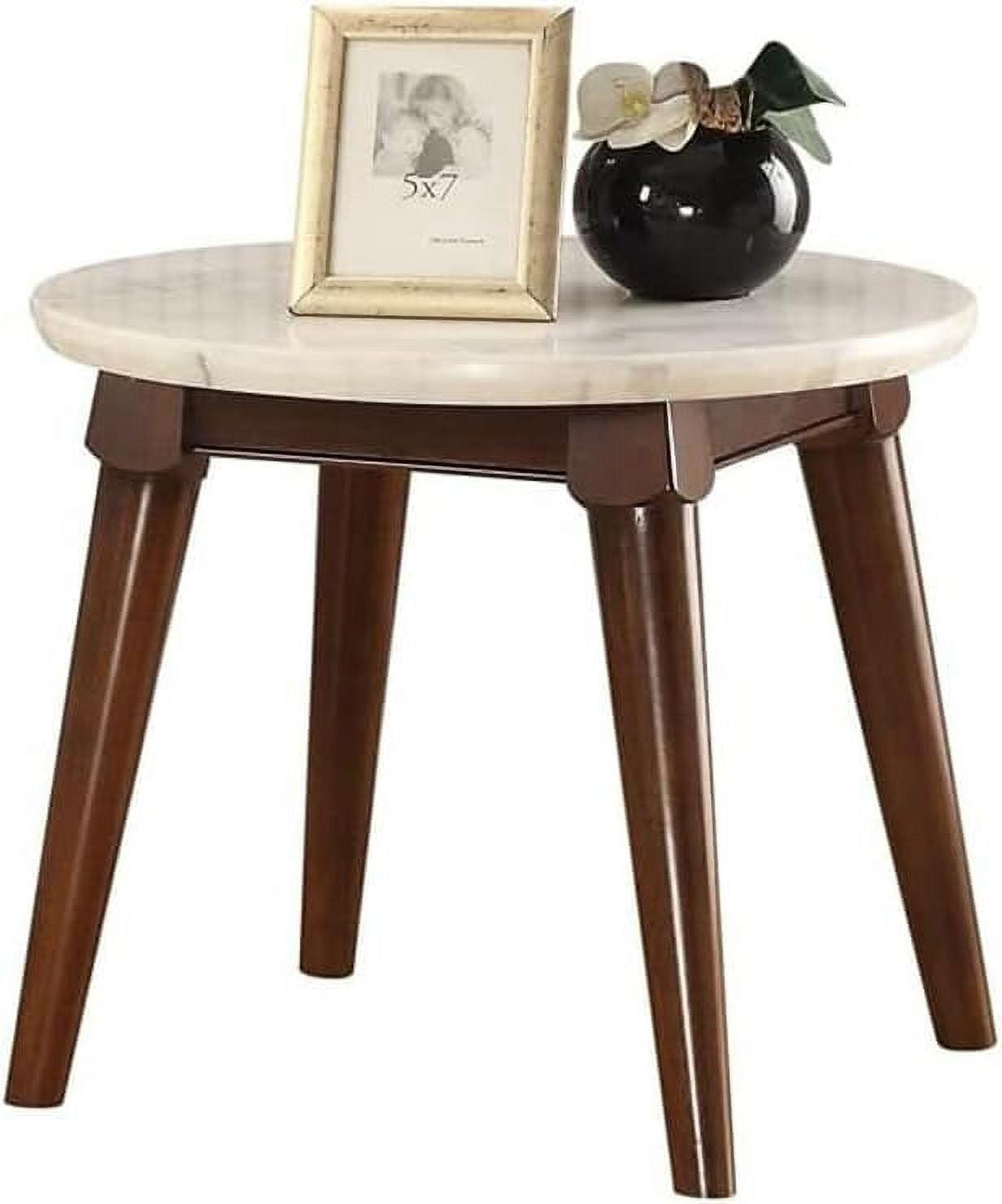 24'' Round White Marble and Walnut Wood End Table