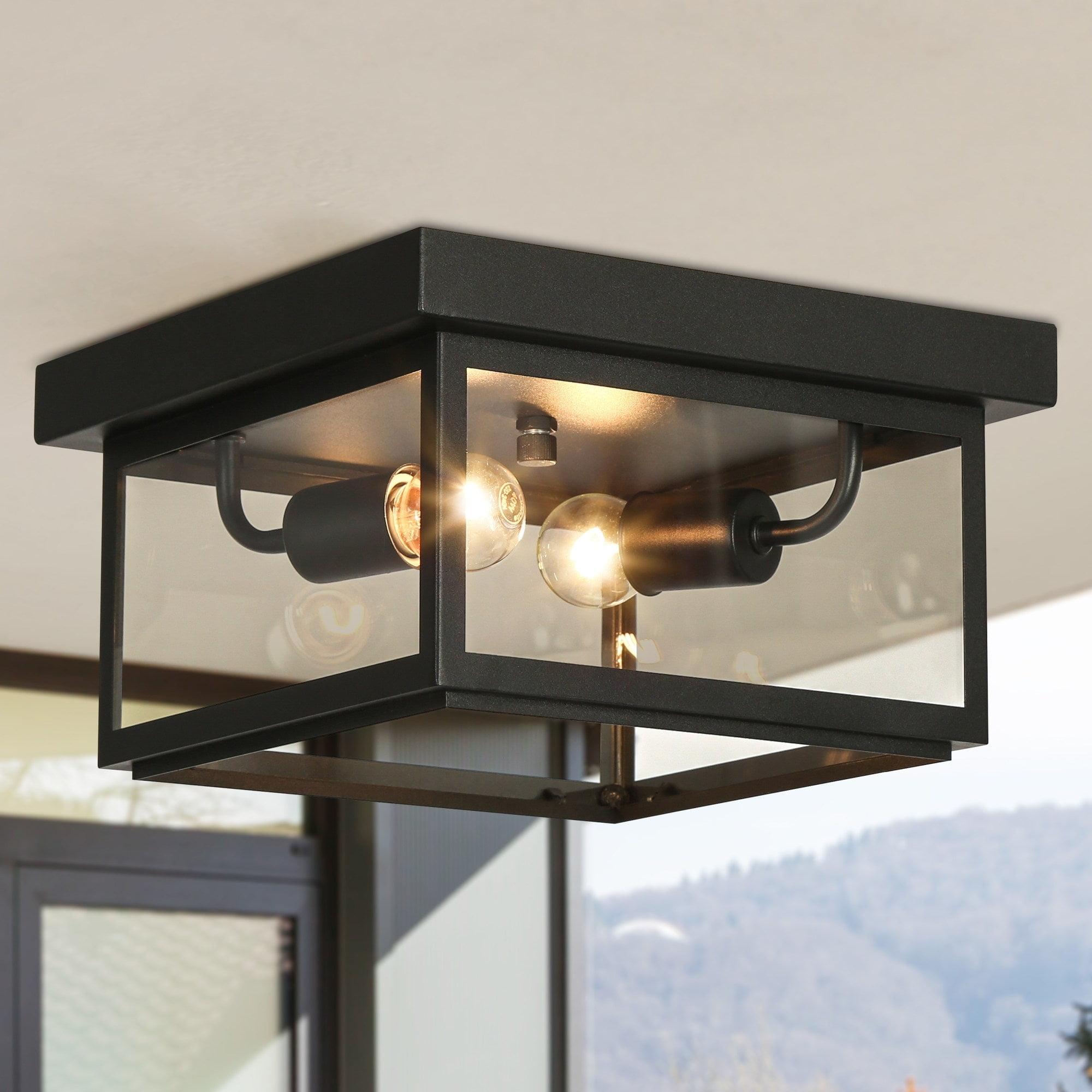 Modern Farmhouse 2-Light Black Flush Mount Glass Patio Outdoor Ceiling Lights - L 11" x W 11" x H 5.1"