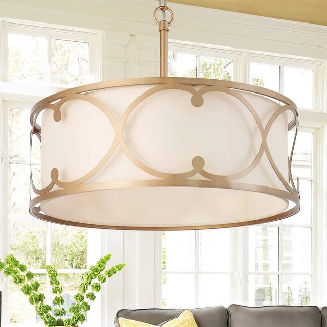 Modern Farmhouse 3-light Dining Drum Chandelier Pendant Lights with Fabric Shade - D17.5"x H 14"