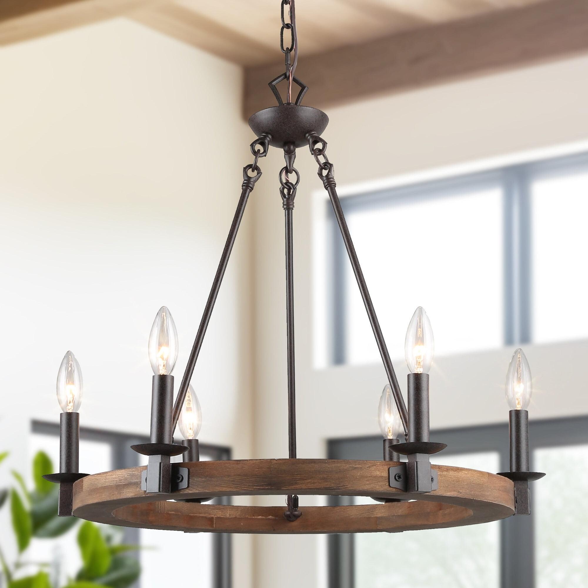 Bronze and Wood 6-Light Candle-Style Chandelier