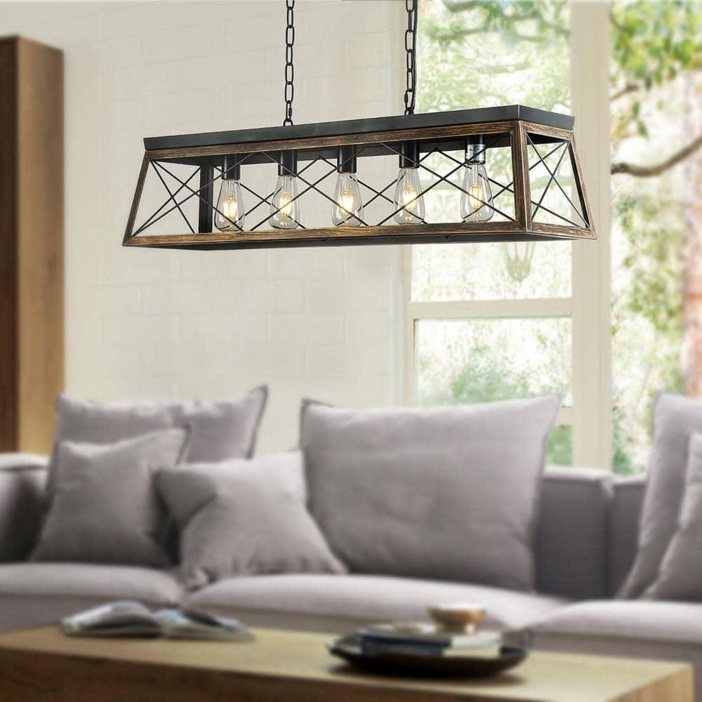 Progress Lighting Briarwood 5-Light Linear Chandelier, Antique Bronze, Faux-Painted Wood Enclosure
