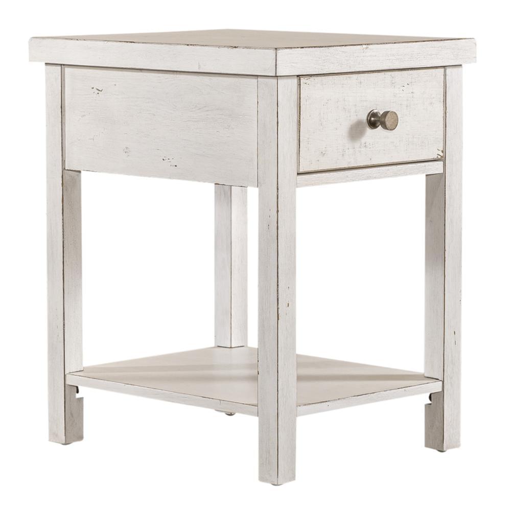 White Wood and Metal Round Side Table with Storage