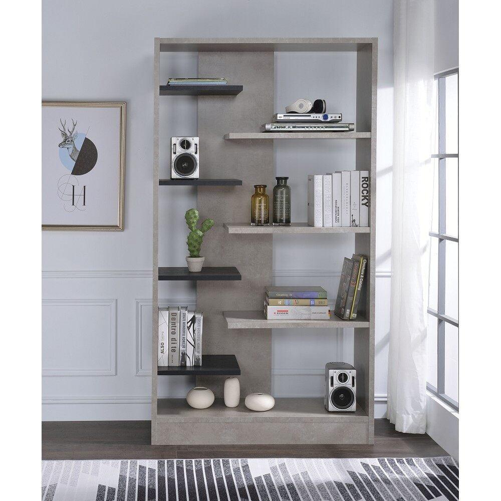 Magna 77" Black and Faux Concrete Wood Bookshelf