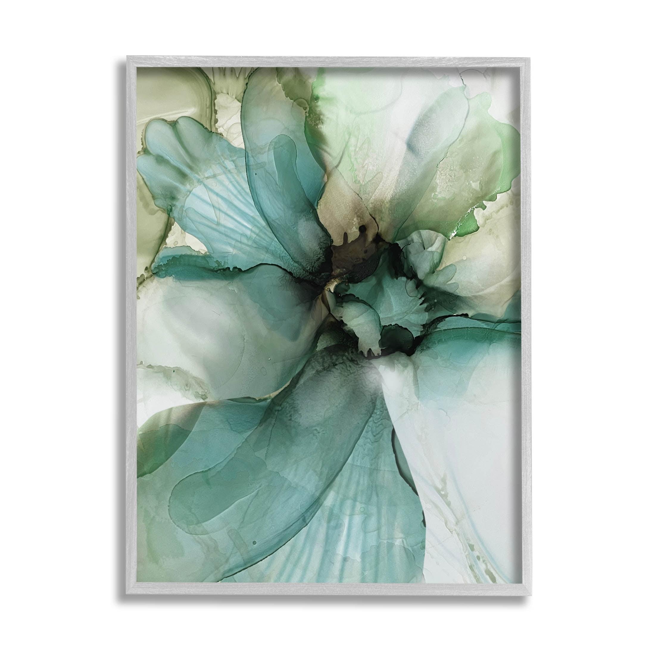 Abstract Green and Blue Flower Canvas Print with Gray Frame