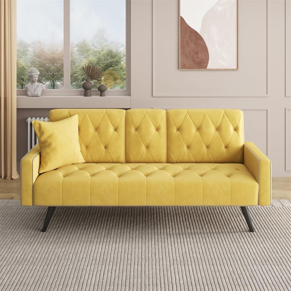 Modern Futon Sofa Bed, Armrest With Nail Head Trim, Convertible Sofa Bed, with 2 Cup Holders, 72" Velvet Loveseat Sofa Couch, Upholstered Sleeper Sofa Bed for Small Space