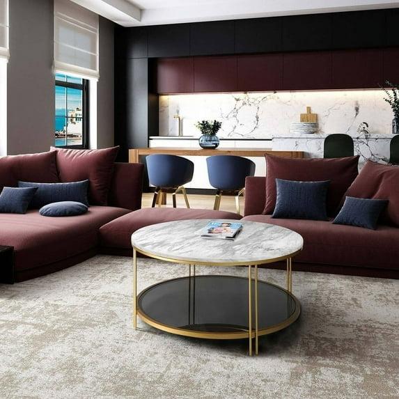Modern Glam 36" Round Modern Cocktail Glass Coffee Table Storage Shelf with 4 Gold Cross Legs Faux Marble Veneer 3 and 4 Legs white/golden D36"xH17"