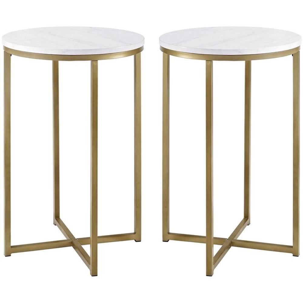 Modern Glam Metal-X-Leg End Table Set in Faux White Marble/Gold (Set of 2)