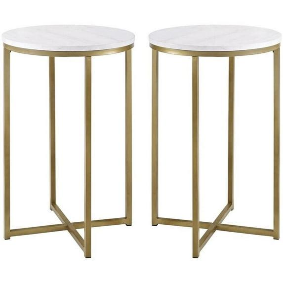 Walker Edison Cora Modern Faux Marble Round Accent Table with X Base, 2 pack, Marble and Gold