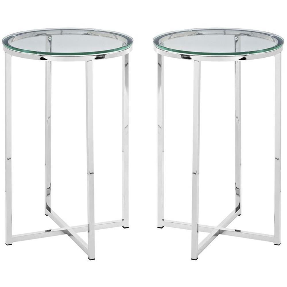 Modern Glam Metal-X-Leg End Table Set in Glass/Chrome (Set of 2)