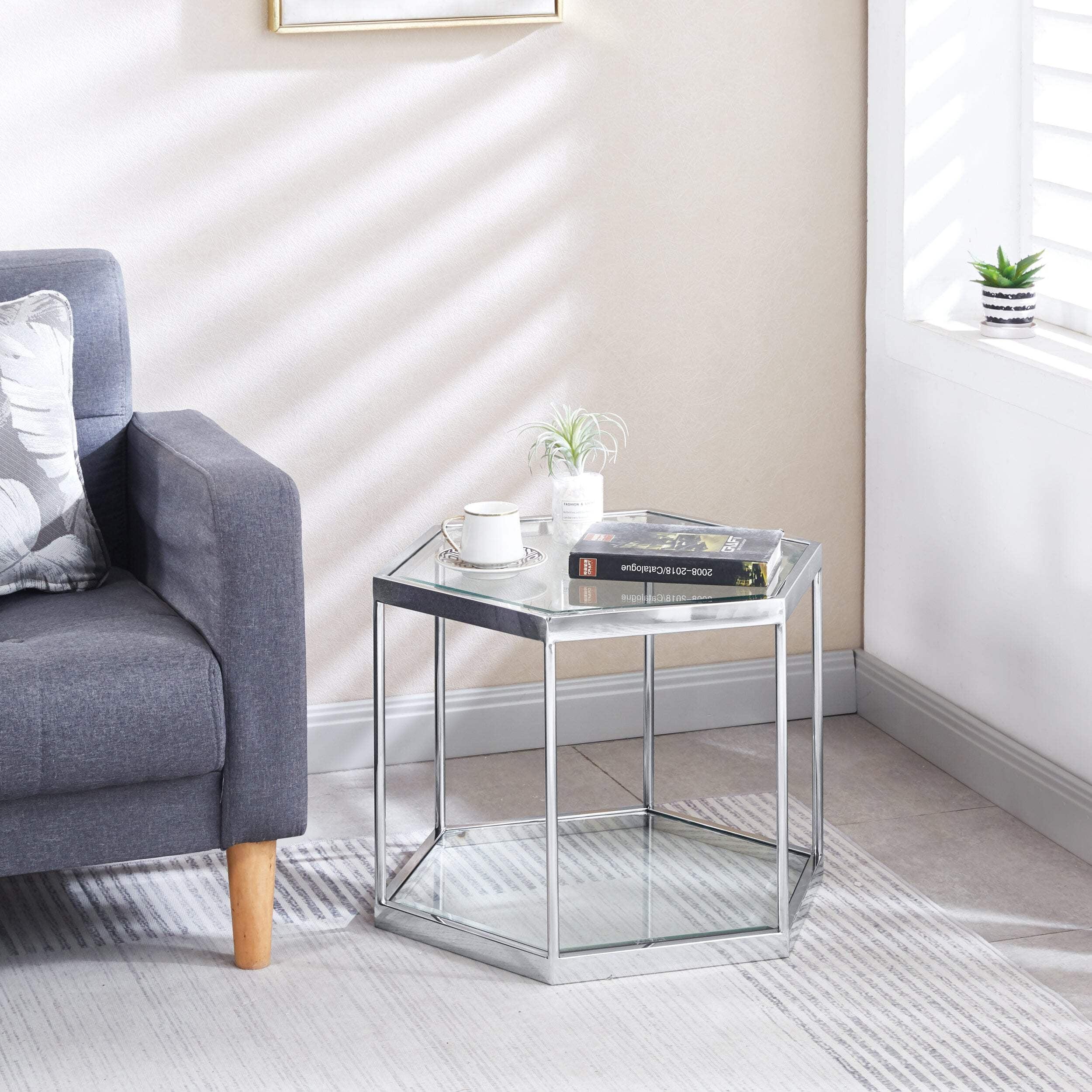 Hexagonal Glass Coffee Table with Stainless Steel Frame